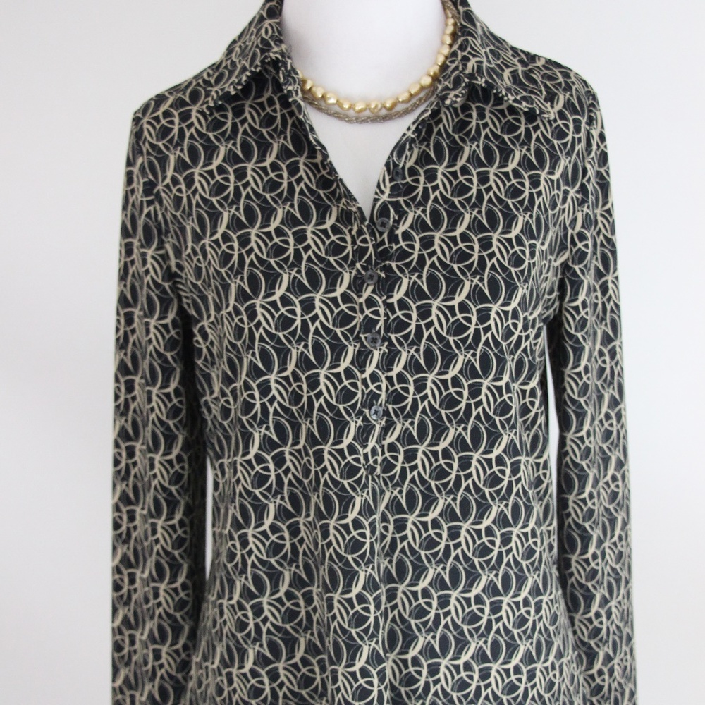 LIZ CLAIBORNE Black & Beige Geometric Print Tunic